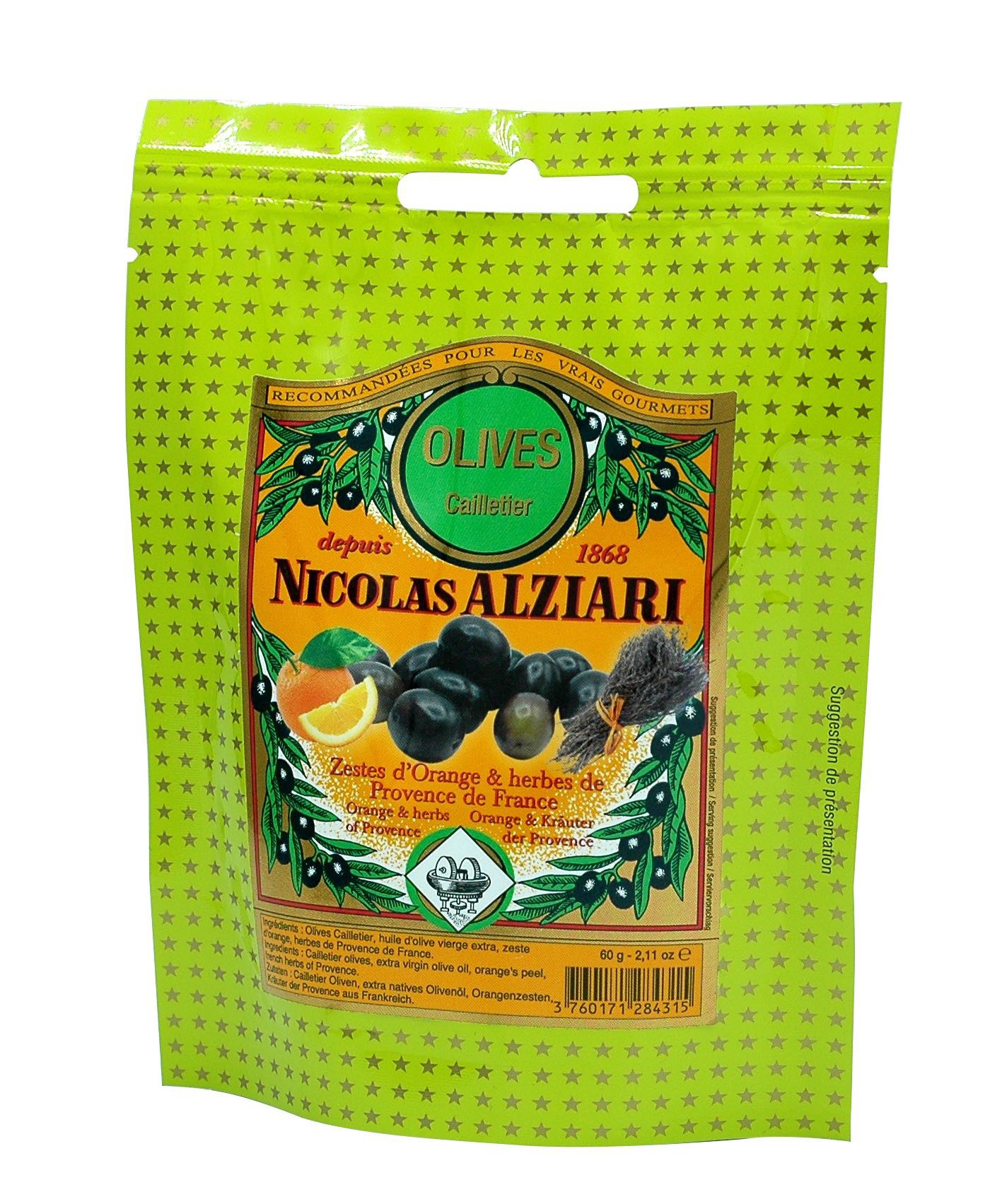 Oliven mit Orangenzesten, Kräutern, Olivenöl 60 g